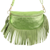 Sophia Lime Half Moon Leather Crossbody Bag With Fringe Trim